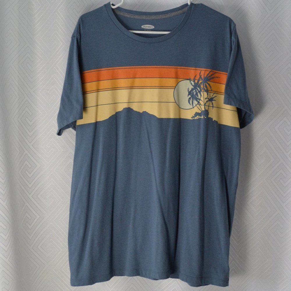 Old Navy Blue Graphic Tee with Orange and Yellow Stripes